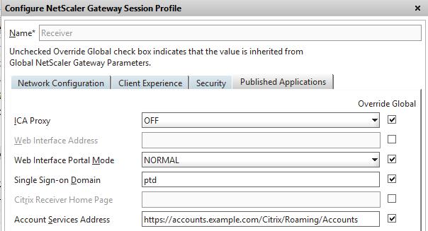 Configure the session profile accounts service URL to be https://accounts.example.com/citrix/roaming/accounts 