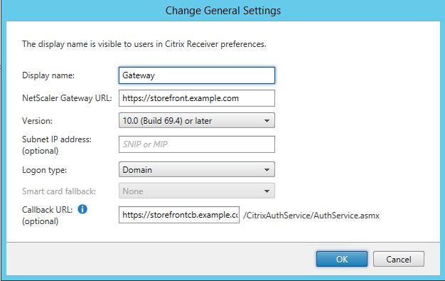 Configure the Gateway on the StoreFront server: storef ront.example.com 1. Type the shared FQDN into the gateway configuration text box under Netscaler Gateway URL. 2.
