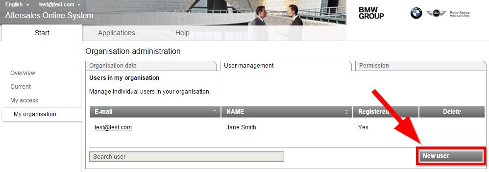 BMW Group Page 14 In the overview of the registered users of your organisation, click the "New user" button to add a new user.