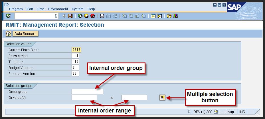 SAP Basic - Section 4: Introduction to Reports Figure 27. RMIT: Management Report: Selection screen.