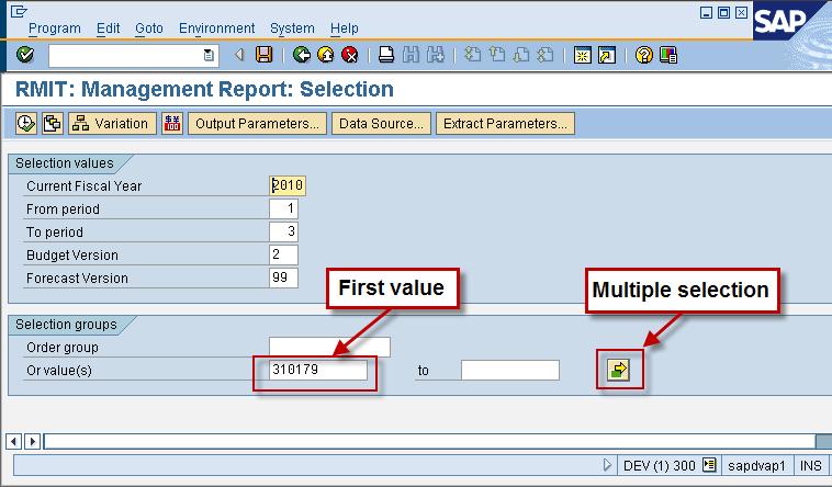 SAP Basic - Section 4: Introduction to Reports 4 Type the following internal order numbers in the first four rows: 4a 310179 4b 310183 4c 310184 4d 310978 5 Click the Copy button 6 The RMIT: