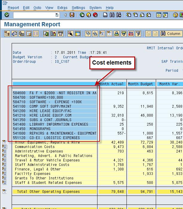 SAP Basic - Section 4: Introduction to Reports Figure 34. Part of Management Report expanded to display cost element data.