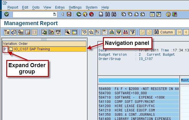 SAP Basic - Section 4: Introduction to Reports Figure 35. Part of Management Report with Navigation panel displayed.