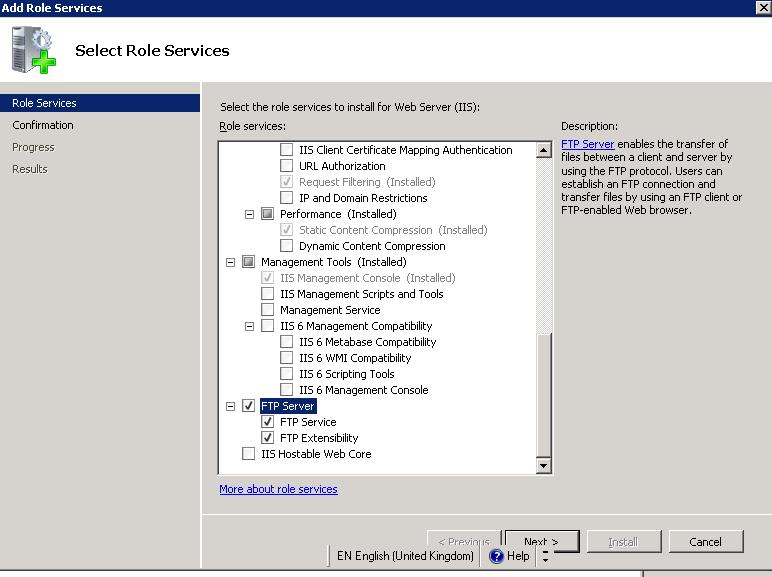 4. Highlight Roles Web Server (IIS Add Role Services (right pane) 5. Check the FTP Server box and click Next Install Close to complete the installation of the FTP service 6.