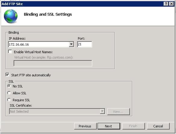 9. Select the servers internal IP address from the dropdown box, select No SSL radio button and click Next: 10.