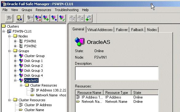 (shown as Network Name) Figure 10 9 Oracle Fail Safe Manager Showing the Resources in the New Group 6.
