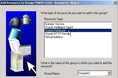 This starts up the Add Resource to Group wizard. Figure 10 31 Oracle Fail Safe Manager: Add Resource to Group 3. Perform these steps in the Add Resource to Group wizard: a.