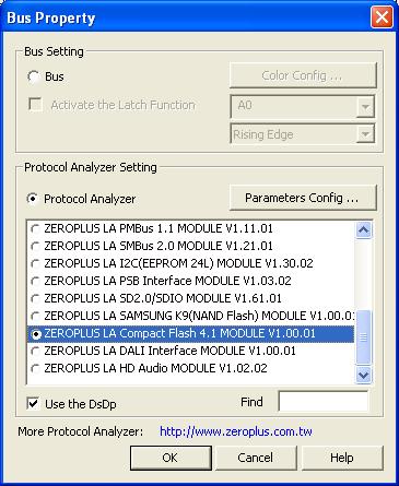STEP 3. For Protocol Analyzer Compact Flash 4.1 Parameters Configuration, select Protocol Analyzer, and then choose ZEROPLUS LA Compact Flash 4.1 MODULE V1.00.01.