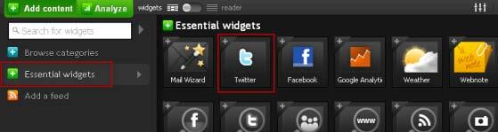 2. In the drop down menu, click on Essential Widgets link 3. Click on the Twitter icon to add Twitter to your dashboard. 4.