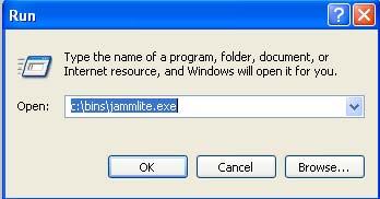 4.7: Click Start Run At the Open: prompt, type c:\bins\jammlite.exe and click OK. Notes: o If you are unable to locate the Run option, browse to c:\bins via My Computer, and double click JammLite.