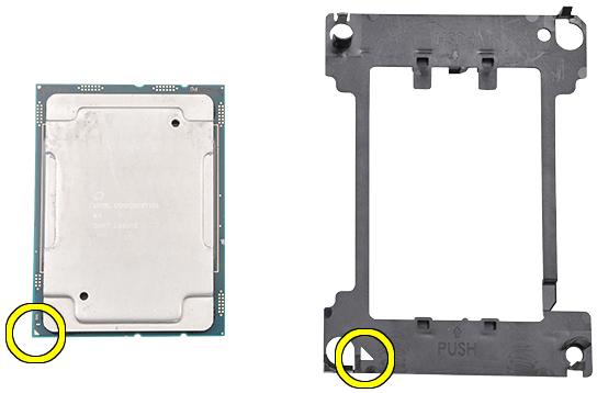 3 Flip both the processor and the carrier over so that the pins on the processor and the logo side of the carrier are