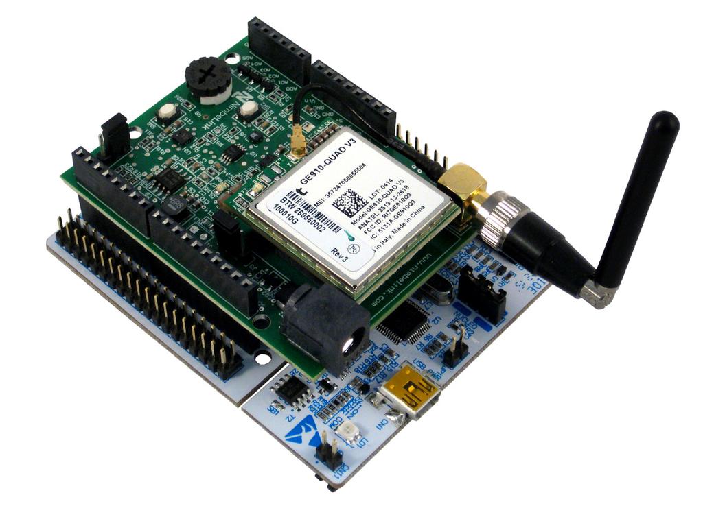 The shield features a plug-in compact cellular modem module to enable rapid development of network connected IoT products.