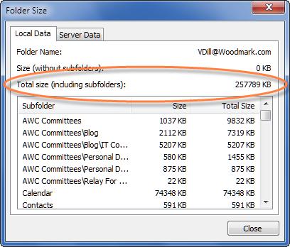 Click the Folder Size button. 3. Check the Total Size (including subfolders) value to make sure you re under 300000 KB. 4.