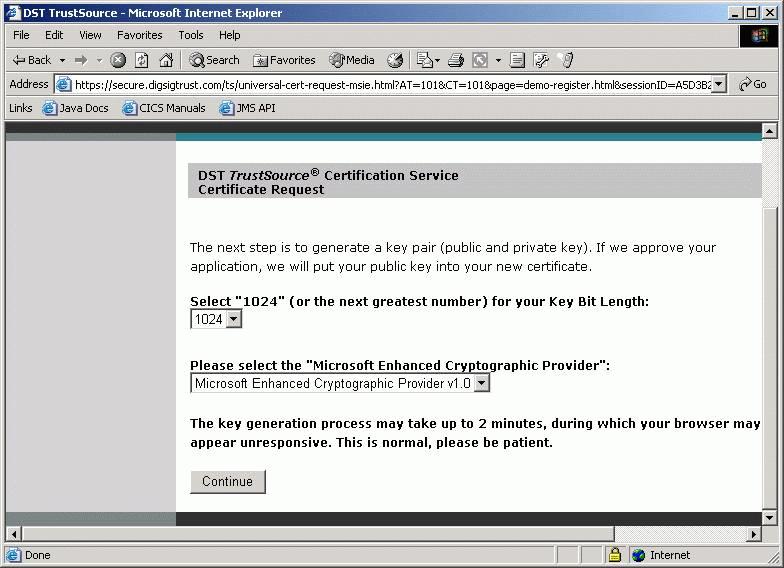 Figure 12-9 Generating the key pair 8. If warning messages are prompted from Internet Explorer indicating that a site is generating a certificate on your behalf, select Yes on the message dialogs. 9.