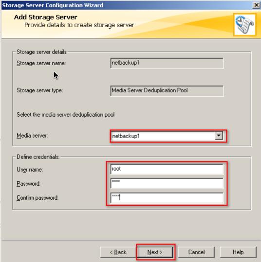 In this next screen, select netbackup1 (1) (the hostname of our NetBackup master server) from the pull down menu Now enter the following Username: Password: Confirm Password: root root root For