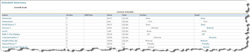 The Schedule summary page displays the section, classroom, and scheduled term for each course. It also includes teacher names and a link to an email address.