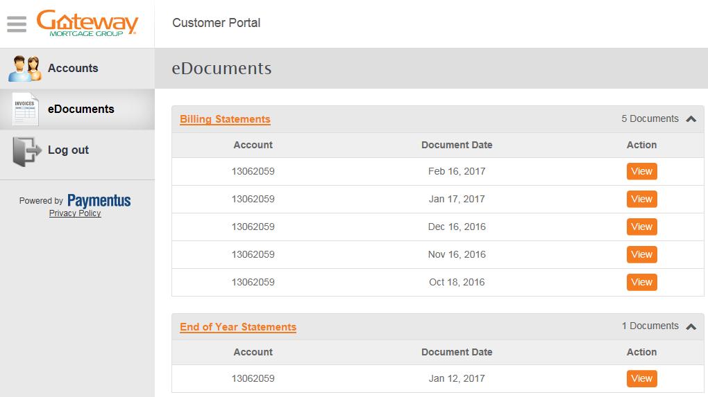 04 edocuments: Click edocuments on the left menu to access billing statements, escrow analysis statements and End of Year (1098) statements.