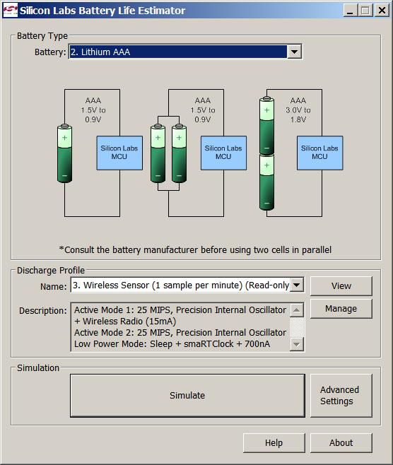 3.6. Silicon Labs Battery Life Estimator The Battery Life Estimator is a system design tool for battery operated devices.