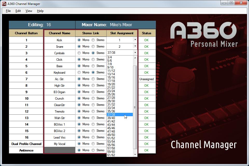 Stereo Channels The drop-down menu for stereo channels contains 33 entries shown as pairs of odd-even network slots 1/2 through 63/64, plus the double dash - - character used to indicate that a
