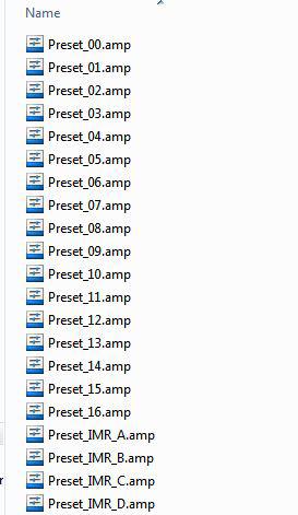 amp extension; the four mixes associated with the Instant Mix Recall buttons are saved with the name Preset_IMR_nn (A-D) and the.amp extension. Each Preset_Group folder contains 20 Mix Preset files.