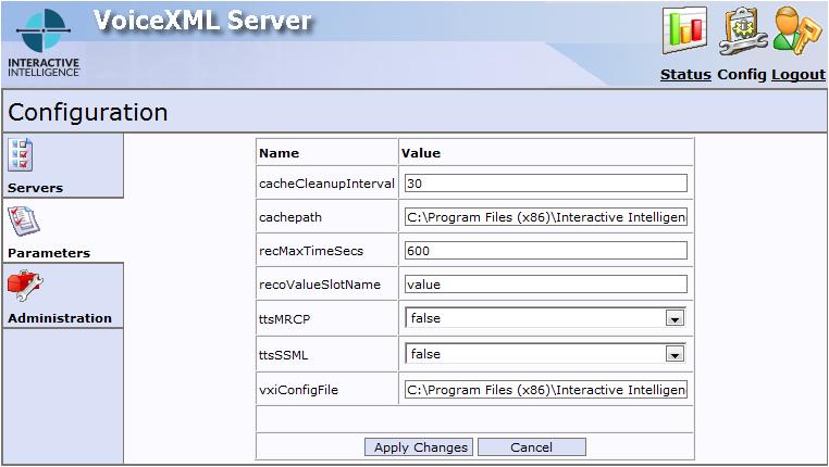 18 VoiceXML Installation and Configuration Guide Configuration -Servers-Configure page Use the Configuration-Servers-Configuration page to set the user credentials for a connection to a Customer