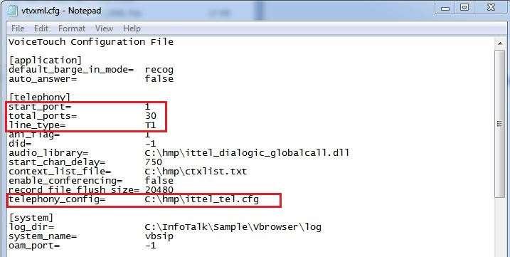 Below is a capture of the parameters in vtvxml.cfg config file. The important part will be the interface to Session Manager via the entity link and this is specified by the telephony_config parameter.