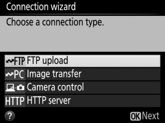 Step 3: The Connection Wizard 3 Start the connection wizard. Highlight Connection wizard and press 2 to start the connection wizard. 4 Choose a connection type. Highlight FTP upload and press J.