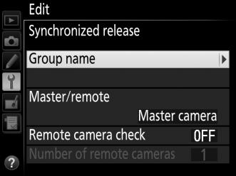 Synchronized Release Options The following options are available for synchronized release: Group name, Master/remote, Remote camera check, and Number of remote cameras.