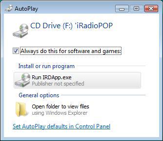 In Vista, an AutoPlay window displays (image at right). Click/ select Run IRDApp.exe.