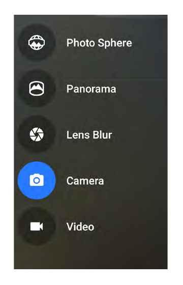 When you open Camera, you can choose from five different cam era modes. To see the modes, swipe left to right. The Camera icon indicates Camera mode. To take a picture: 1.