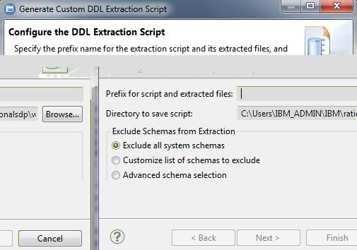 ii. Complete the steps of the wizard. On the first page, specify the name of the DDL files that are to be generated as a result of the extraction script.