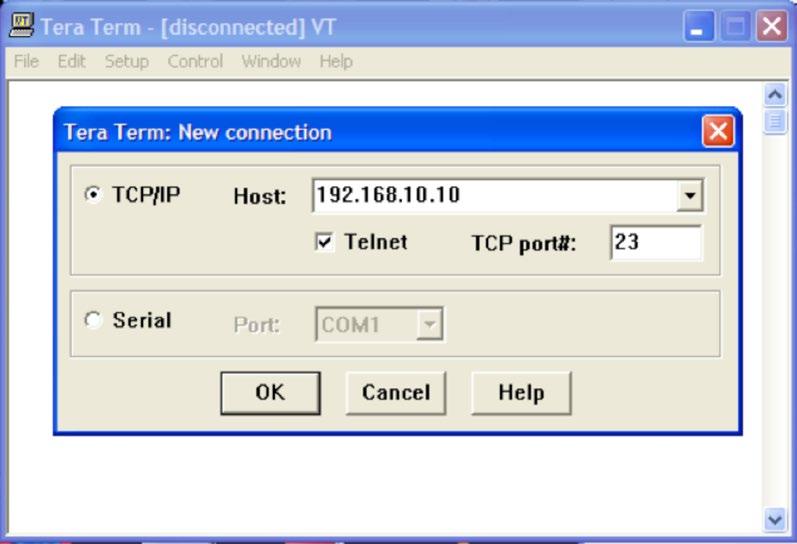 Using TeraTerm Telnet Connection As an easier solution, Telnet support of Teraterm can be used to connect a terminal window direct to the terminal server. Start the TeraTerm application.