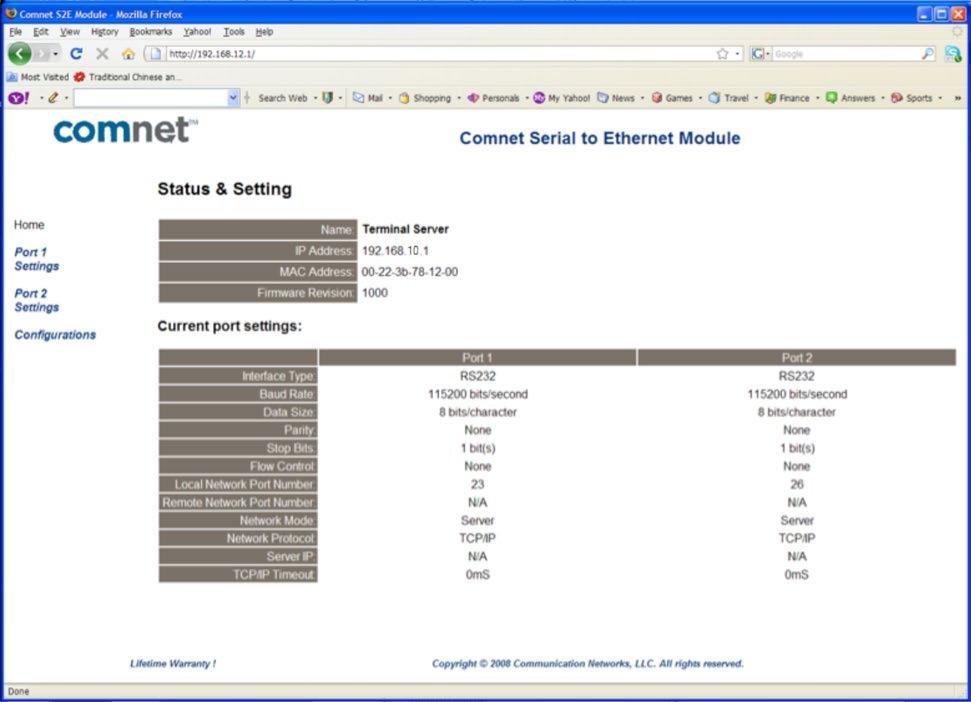 Click on Configuration on the left of the screen. Terminal Server Home Page Change the IP address to an IP address with subnet appropriate for your network.