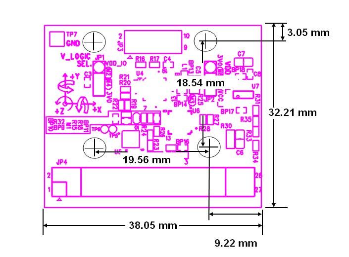 6. Mechanical Dimensions The IMU-3000 EVB is a 4 layer PCB with 32mm x 38mm overall dimensions. The mounting holes are arranged to fit 19.56mm x 18.