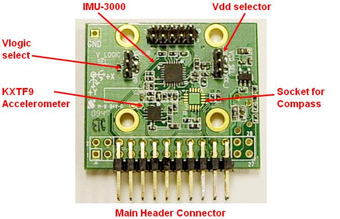 Figure 1. Top side of the IMU-3000 3-Axis EVB The 10-pin (5 x 2) Factory extension header is intended for connecting additional devices to the EVB, such as a digital-output barometer, etc.