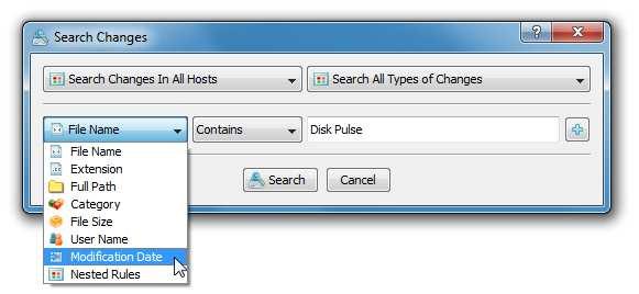 The host selector, located in the top-left corner of the search dialog, provides the ability to search changes in disk change monitoring reports submitted from all hosts or to select a specific host