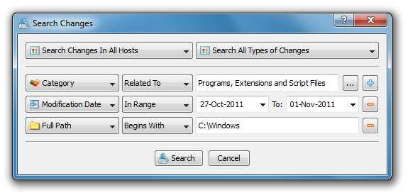 If required, add a date range rule to find changes that occurred during a specific time interval or a location rule to find changes in a specific location such as the Windows system directory, etc.
