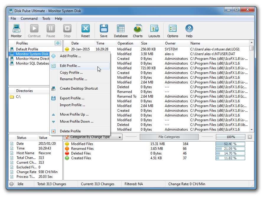 3.19 Managing Disk Monitoring Profiles In order to simplify monitoring of multiple disks or directories using customized sets of parameters, DiskPulse provides the user with the ability save a number