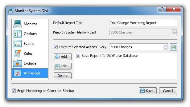 The DiskPulse reports dialog shows previously saved disk change monitoring reports and allows one to open reports, search specific file system changes in one or more disk change monitoring reports,