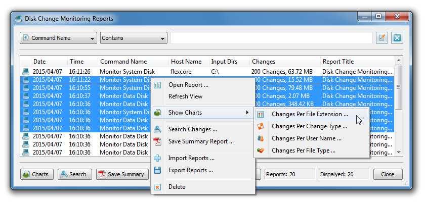 4.4 Displaying Statistical Charts For Series of Reports Disk change monitoring reports saved in the reports database may be searched, analyzed and exported to a number of standard formats such as