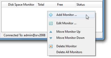 drops below or rises above a user-specified limit. The disk space monitor is located in the bottom-right corner of the DiskPulse client GUI application.