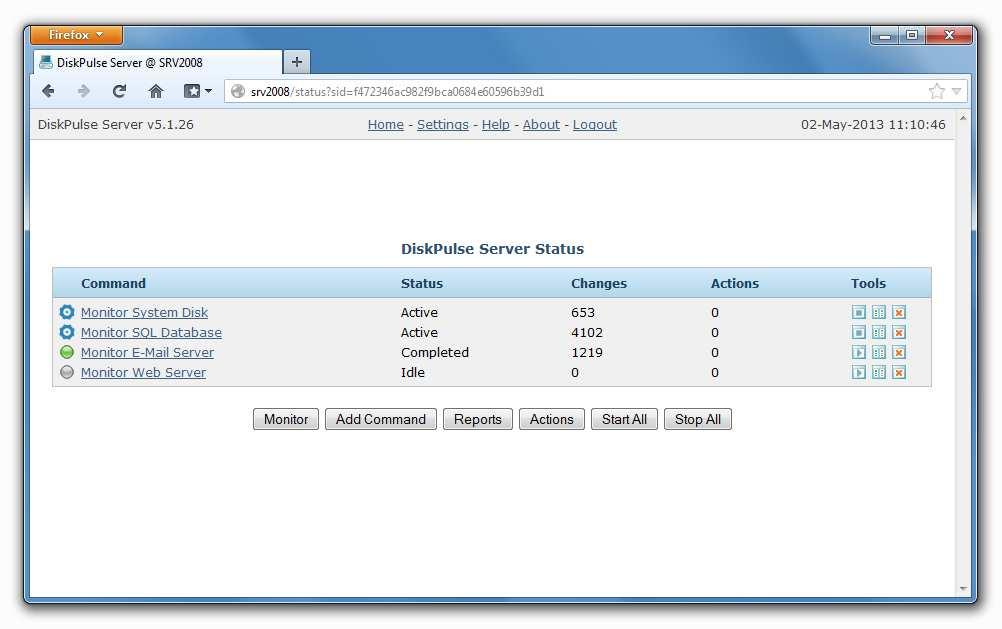 4.8 Managing Disk Change Monitoring Commands DiskPulse Server provides the ability to setup a number of disk change monitoring commands with each one configured to monitor one or more disks and/or