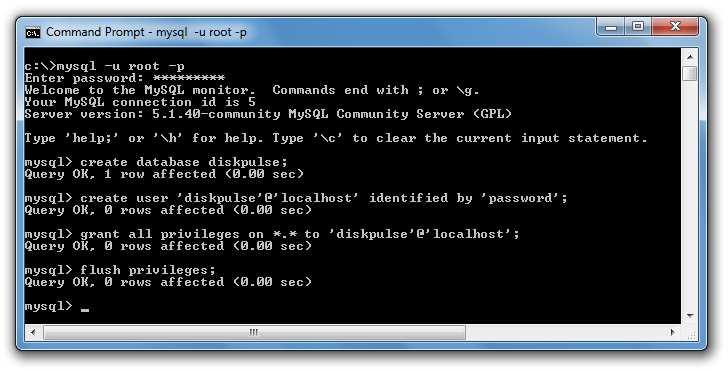 5.2 Configuring MySQL Database The MySQL database provides the mysql command line utility, which may be used to configure the database and the user account to be used by DiskPulse.