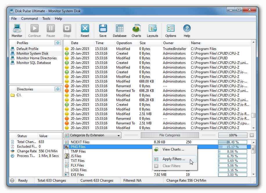 3.3 Using File Categories and File Filters DiskPulse provides the ability to categorize and filter detected file system changes by the file extension, file type and change type.
