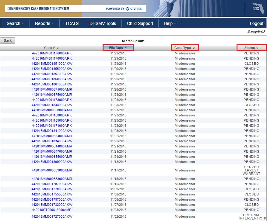 Figure 12 Date Range Search Results Warrant Search Using the warrant search option, you can enter a party name, to see if there are any active warrants issued.