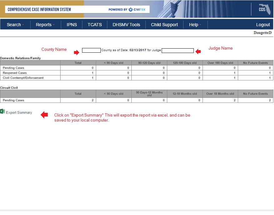 Figure 19 Judge Report Results Once the user selects the Export Summary option, the system will generate an excel file with the data requested.
