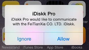 NOTE: It is normal that you will receive this asking message when every time plugging the flash drive to your iphone or ipad. idiskk (Manufacturer: FeiTianXia CO.