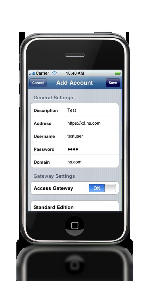 Account Settings: At this point you should see the Citrix Receiver on your iphone. Tap on it to open it, and configure with the gateway settings to the AGEE iphone Proxy.