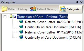 The system also places an entry Transition of Care- Referral (Sent) for the referral in the Categories tab of the Patient History panel. This folder includes all documents sent with the referral.