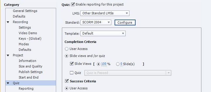 Once you have selected your elearning output type, from Quiz tab you must enable reporting for this project.
